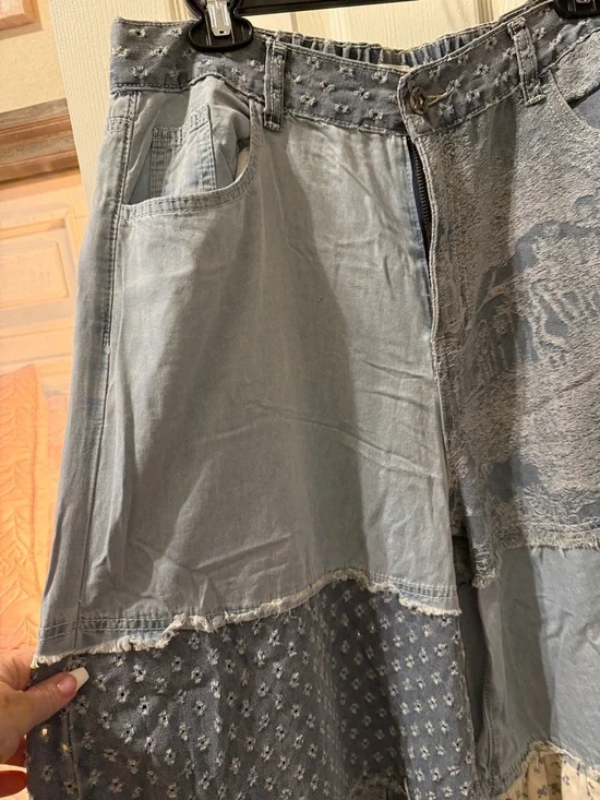 POL Patchwork Flare Boho Pants in Light Blue and Cream - Picture 5 of 10